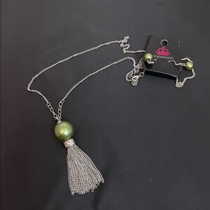 Paparazzi Olive and Silver Tassel Necklace with earrings